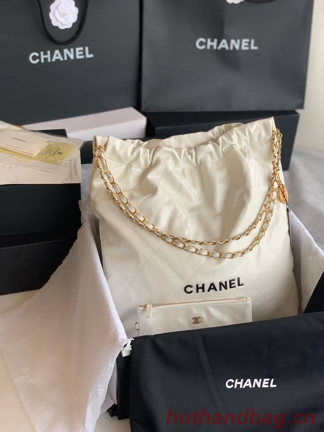 CHANEL 22 HANDBAG Shiny Calfskin Gold-Tone Metal AS3262 white&black