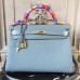 Replica Handbag Store Blue Lin Clemence Kelly 32cm Retourne Bag