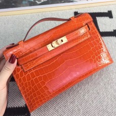 Replica Handbag Store Orange Kelly Pochette Shiny Niloticus Crocodile Bag