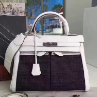 Replica Handbag Store White Kelly Lakis 32cm Toile and Swift Bag