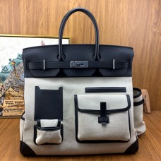Replica Handbag Store HAC Cargo Birkin 40 Handmade Bag in Toile with Black Leather