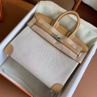 Replica Handbag Store Birkin 25 Handmade Bag In Toile & Biscuit Swift Leather