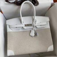 Replica Handbag Store Birkin 35 Handmade Bag In Toile & White Clemence Leather Replica Handbag Store Birkin 35 Handmade Bag In Toile & White Clemence Leather