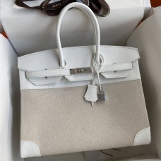 Replica Handbag Store Birkin 35 Handmade Bag In Toile & White Clemence Leather Replica Handbag Store Birkin 35 Handmade Bag In Toile & White Clemence Leather