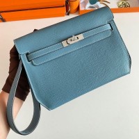 Replica Handbag Store Kelly Depeches 25 Pouch in Blue Jean Epsom Calfskin