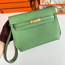 Replica Handbag Store Kelly Depeches 25 Pouch in Vert Criquet Epsom Calfskin