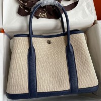 Replica Handbag Store Garden Party 30 Handmade Bag in Toile and Blue Leather