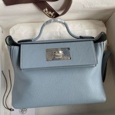 Replica Handbag Store 24/24 Mini 21 Handmade Bag in Blue Lin Evercolor Leather