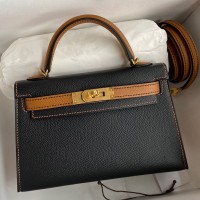 Replica Handbag Store Kelly Mini II Sellier Bicolor Handmade Bag in Black and Gold Epsom Calfskin