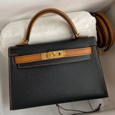 Replica Handbag Store Kelly Mini II Sellier Bicolor Handmade Bag in Black and Gold Epsom Calfskin