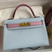 Replica Handbag Store Kelly Mini II Sellier Bicolor Handmade Bag in Blue Brume and Mauve Sylvestre Epsom Calfskin
