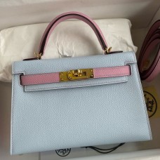 Replica Handbag Store Kelly Mini II Sellier Bicolor Handmade Bag in Blue Brume and Mauve Sylvestre Epsom Calfskin