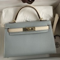 Replica Handbag Store Kelly Mini II Sellier Bicolor Handmade Bag in Blue Lin and Craie Epsom Calfskin