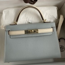 Replica Handbag Store Kelly Mini II Sellier Bicolor Handmade Bag in Blue Lin and Craie Epsom Calfskin