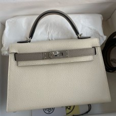 Replica Handbag Store Kelly Mini II Sellier Bicolor Handmade Bag in Craie and Gris Asphalt Epsom Calfskin