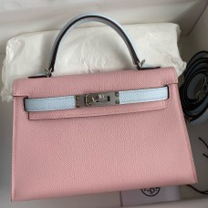 Replica Handbag Store Kelly Mini II Sellier Bicolor Handmade Bag in Rose Sakura and Blue Brume Epsom Calfskin