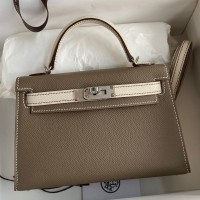 Replica Handbag Store Kelly Mini II Sellier Bicolor Handmade Bag in Taupe and Craie Epsom Calfskin