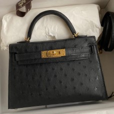 Replica Handbag Store Kelly Mini II Sellier Handmade Bag In Black Ostrich Leather