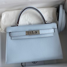 Replica Handbag Store Kelly Mini II Sellier Handmade Bag In Blue Brume Epsom Calfskin