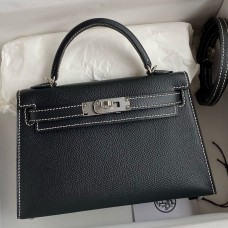 Replica Handbag Store Kelly Mini II Sellier Verso Handmade Bag in Black and Blue Brume Epsom Calfskin