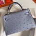 Replica Handbag Store Kelly Mini II Sellier Handmade Bag In Blue Lin Ostrich Leather