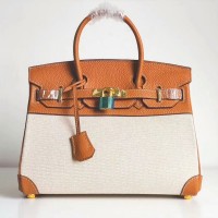 Replica Handbag Store Canvas Birkin 30cm 35cm Bag With Brown Clemence Leather