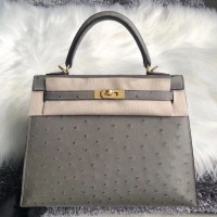 Replica Handbag Store Kelly 25cm Handmade Bag In Gris Asphalt Ostrich Skin