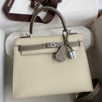 Replica Handbag Store Kelly Sellier 25 Bicolor Bag in Craie and Gris Asphalt Epsom Calfskin