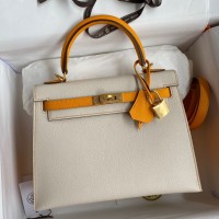 Replica Handbag Store Kelly Sellier 25 Bicolor Bag in Craie and Yellow Epsom Calfskin