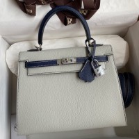 Replica Handbag Store Kelly Sellier 25 Bicolor Bag in Pearl Grey and Blue Mysore Goatskin