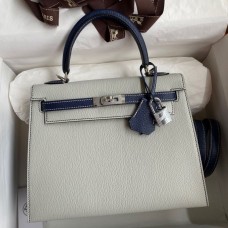 Replica Handbag Store Kelly Sellier 25 Bicolor Bag in Pearl Grey and Blue Mysore Goatskin