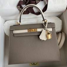 Replica Handbag Store Kelly Sellier 25 Bicolor Bag in Taupe and Craie Epsom Calfskin