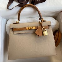 Replica Handbag Store Kelly Sellier 25 Bicolor Bag in Trench and Gold Epsom Calfskin