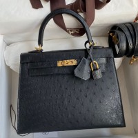 Replica Handbag Store Kelly Sellier 25 Handmade Bag In Black Ostrich Leather