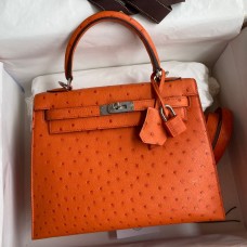 Replica Handbag Store Kelly Sellier 25 Handmade Bag In Orange Ostrich Leather