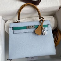 Replica Handbag Store Kelly Sellier 25 Tricolor Bag in Blue/Green/Sesame Epsom Calfskin