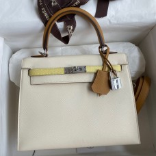 Replica Handbag Store Kelly Sellier 25 Tricolor Bag in Craie/Sesame/Yellow Epsom Calfskin