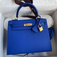 Replica Handbag Store Kelly Sellier 25CM Handmade Bag In Blue France Epsom Calfskin