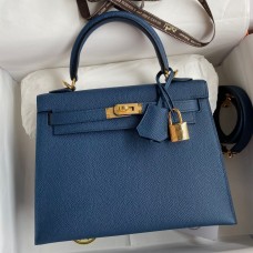 Replica Handbag Store Kelly Sellier 25CM Handmade Bag In Deep Blue Epsom Calfskin