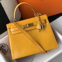 Replica Handbag Store Kelly 28cm Bag In Yellow Embossed Crocodile GHW