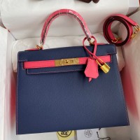 Replica Handbag Store Kelly Sellier 28 Bicolor Bag in Blue Saphir and Rose Lipstick Epsom Calfskin