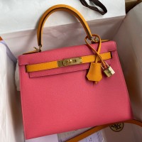 Replica Handbag Store Kelly Sellier 28 Bicolor Bag in Rose Lipstick and Yellow Epsom Calfskin