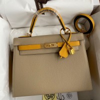 Replica Handbag Store Kelly Sellier 28 Bicolor Bag in Trench and Yellow Epsom Calfskin