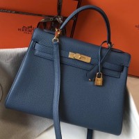 Replica Handbag Store Kelly 32cm Bag In Blue Agate Clemence Leather GHW