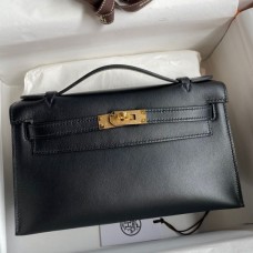 Replica Handbag Store Kelly Pochette Handmade Bag In Black Swift Calfskin
