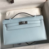 Replica Handbag Store Kelly Pochette Handmade Bag In Blue Brume Swift Calfskin