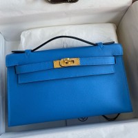 Replica Handbag Store Kelly Pochette Handmade Bag In Blue Zanzibar Swift Calfskin