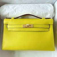 Replica Handbag Store Kelly Pochette Handmade Bag In Lime Swift Calfskin