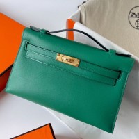Replica Handbag Store Kelly Pochette Handmade Bag In Vert Vertigo Swift Calfskin