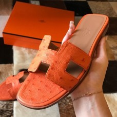 Replica Handbag Store Oran Slide Sandals In Orange Ostrich Leather
